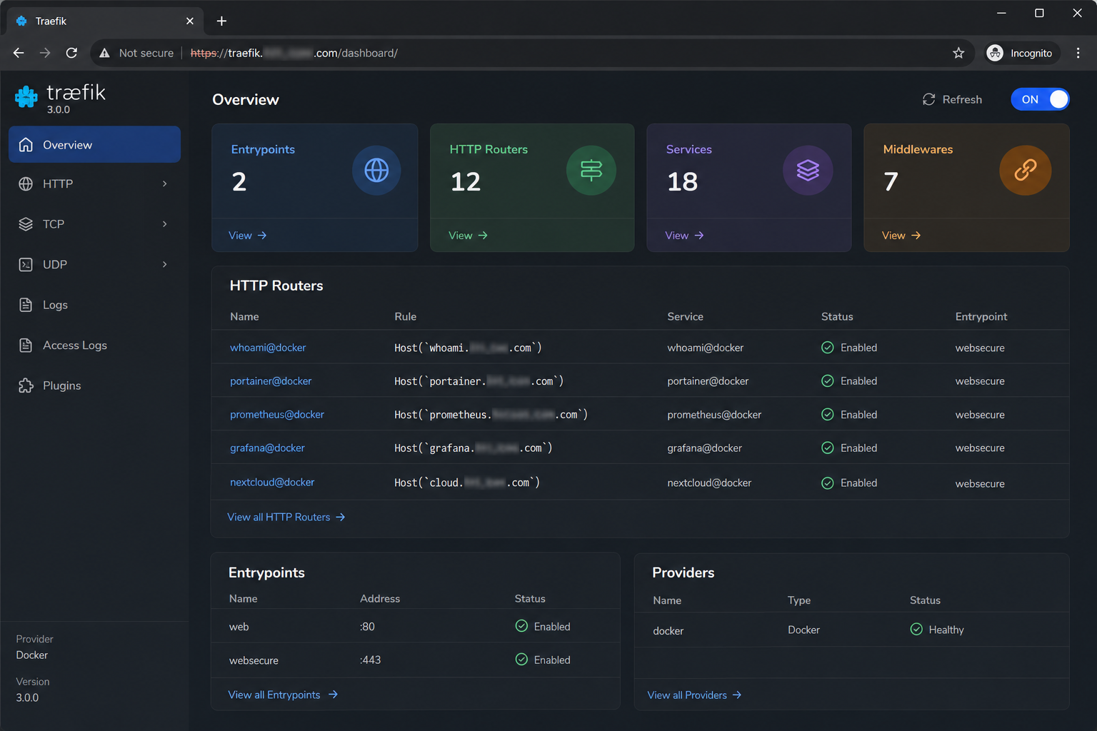 Traefik reverse proxy dashboard showing active routers and services